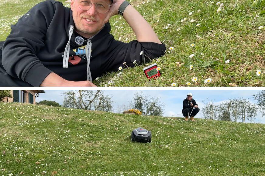 Roborock RockNeo Q1 Mähroboter fährt einen steilen Hang im Geländetest hinauf